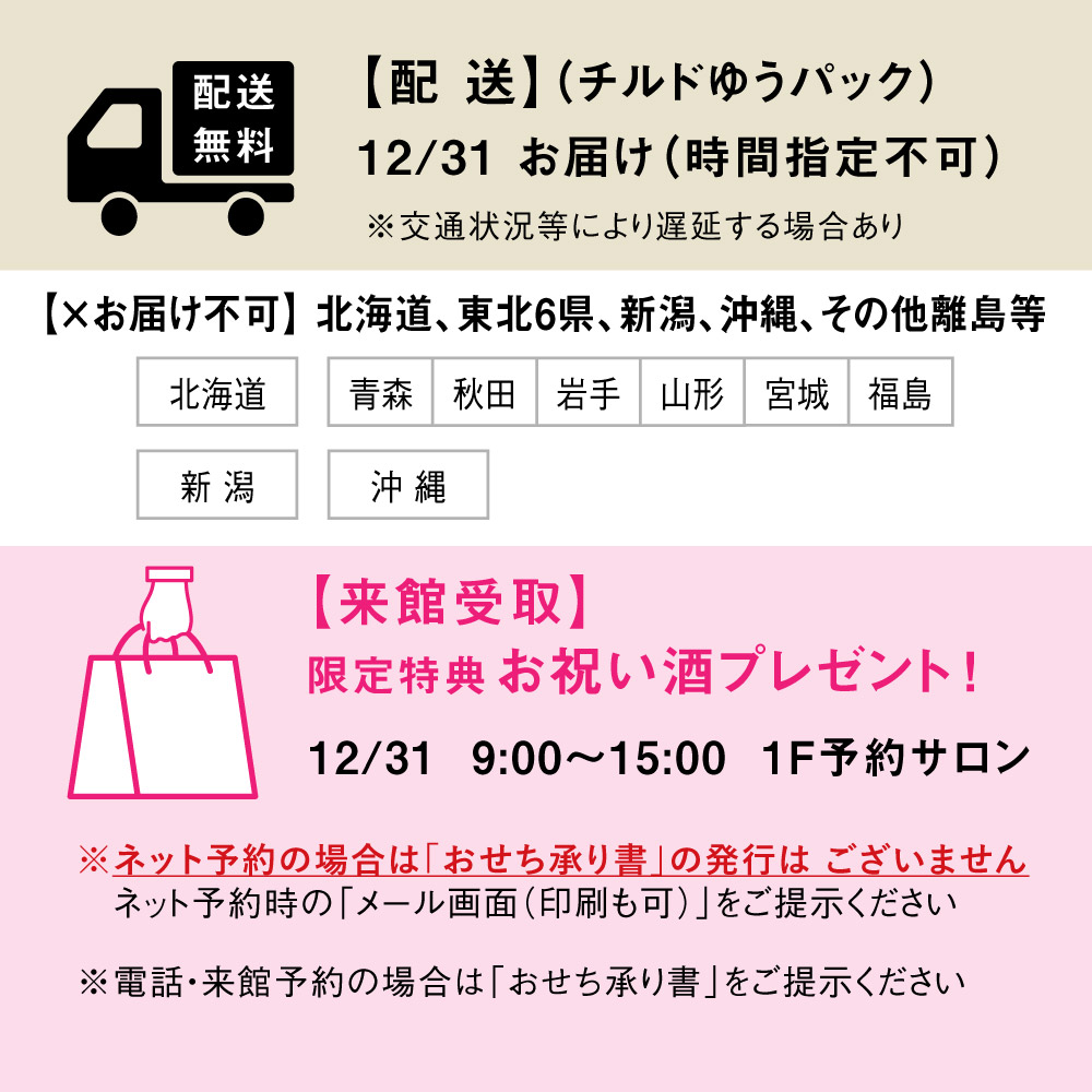 お受取方法●配送無料(クール便)12月31日お届け 時間指定不可。※ただし北海道・東北6県・新潟・沖縄および離島等はお届け出来ません。●来館受取 1F予約サロン 12月31日9:00〜15:00※電話・来館予約の場合は「おせち承り書」をご提示ください。※ネット予約の場合は「おせち承り書」の発行はありません。ネット予約時のメール画面または印刷したものをご提示ください。