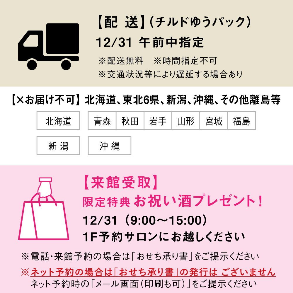 お受取方法●配送無料（チルドゆうパック） 12月31日の午前中指定でお届けします。※ただし北海道・東北・新潟・沖縄および離島等はお届け出来ません。●来館受取 1F予約サロン 12月31日9:00〜15:00※電話・来館予約の場合は「おせち承り書」をご提示ください。※ネット予約の場合は「おせち承り書」の発行はありません。ネット予約時のメール画面または印刷したものをご提示ください。